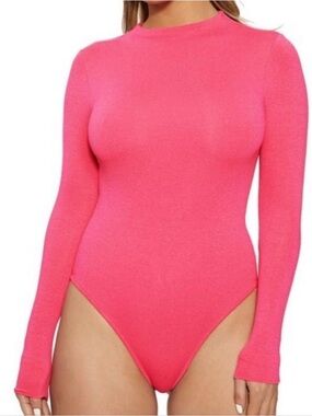 Naked Wardrobe Hot Pink Mock Neck Long Sleeve Bodysuit M NWT Barbiecore Snatched